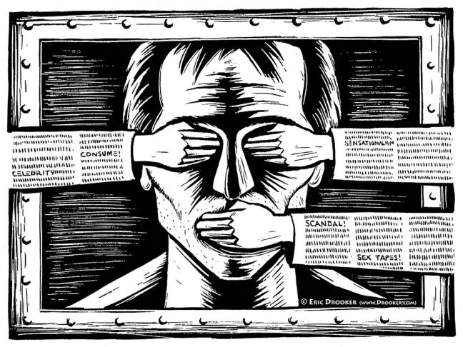 Illustration of a man's face, with arms coming from both the left and right sides, to cover his eyes and mouth