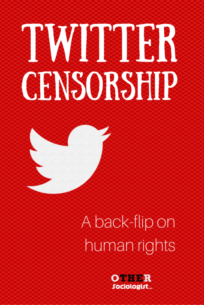 The Twitter icon (the side silhouette of a flying bird) against a red background. Title says: Twitter censorshipo
