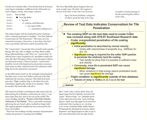 Screengrab of Tufte's analysis of NASA PowerPoint slide. Detail is hard to read but it clearly shows lines pointing to the bullet point hierachy and multiple and prominent use of 'significantly'