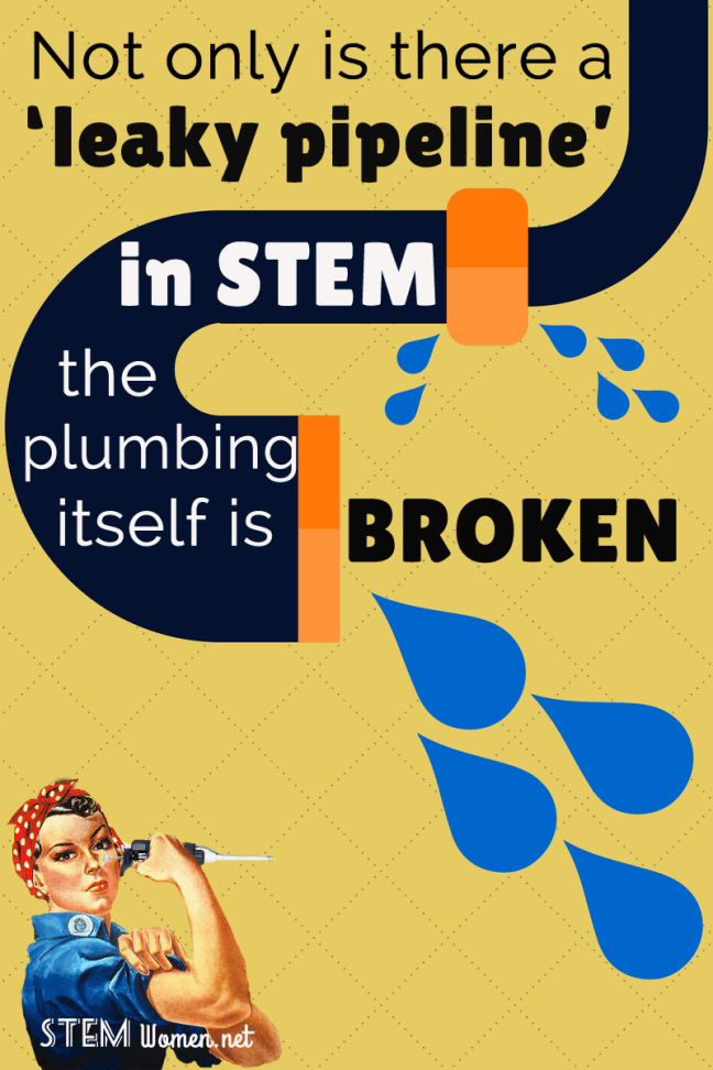 Drawing of a sink leaking water, with 'Rosie the Riverter' holding a pipette. Text reads: Not only is there a 'leaky pipeline in STEM,' the plumbing itself is broken.'