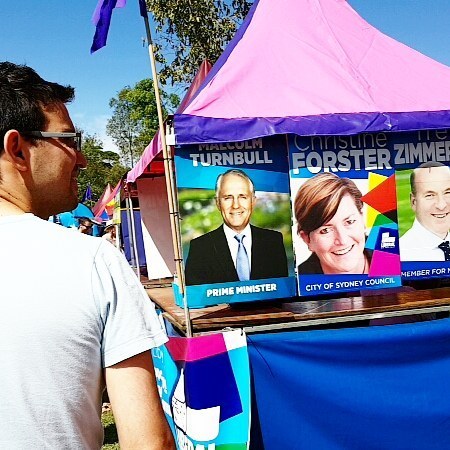 A stall for the Liberal Party, with posters of Malcolm Turnbull and other ministers