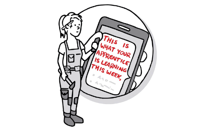 Drawing of a woman tradesperson holding a mobile phone. The text reads: this is what your apprentice is learning this week