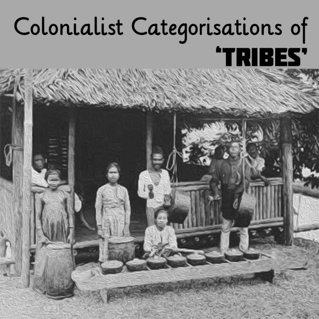 Stylised drawing of a Tausug family standing in front of their home in black and white