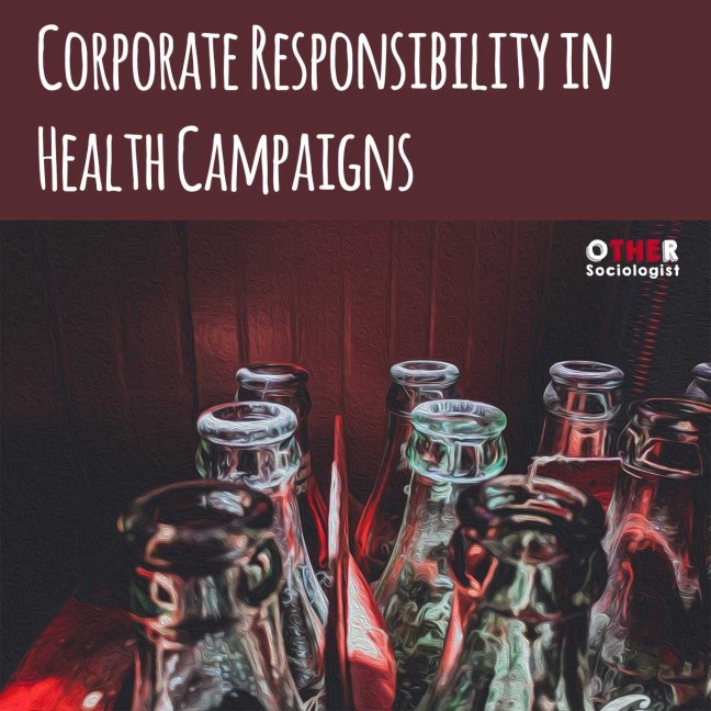 Oil drawing of the tops of coke bottles against a red background with the title, 'Corporate responsibility in health campaigns'