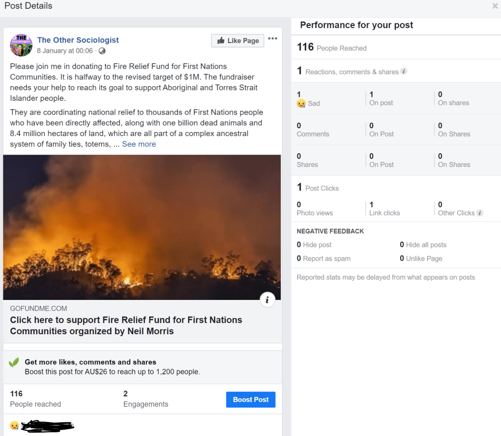 Screenshot of Go Fund me for Fire Relief Fund for First Nations Community showing 116 people reached on Facebook and two engagements