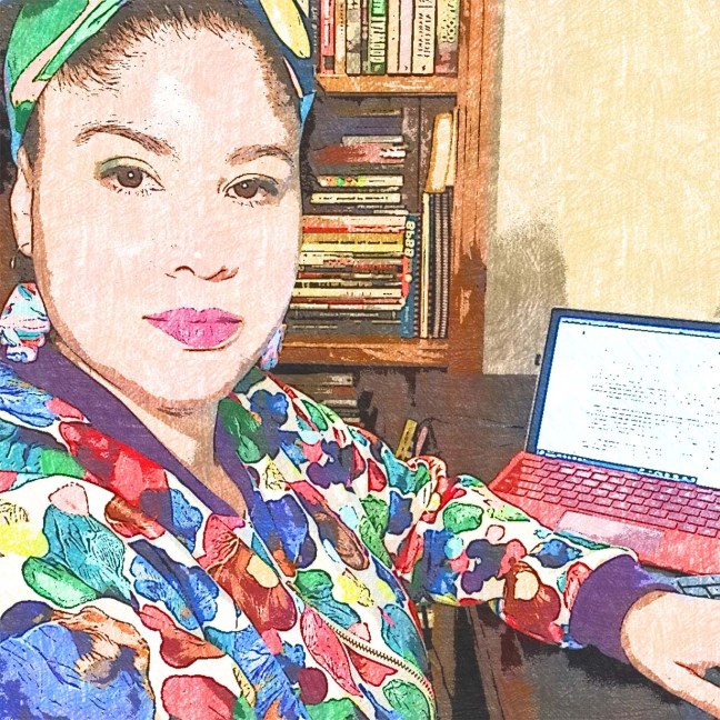 Drawing of me sitting at a desk in front of my laptop. I'm wearing a bright multicoloured jacket and headband