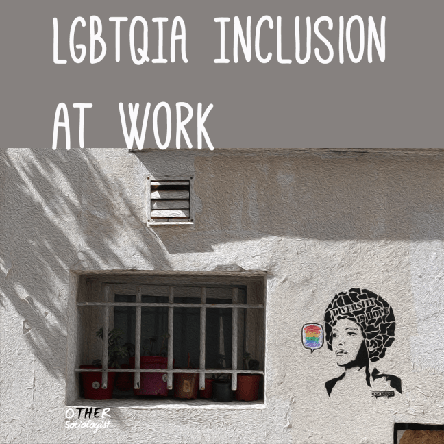 A window with bars and a wall with a stencil of a Black woman's face. Text reads: LGBTQIA inclusion at work