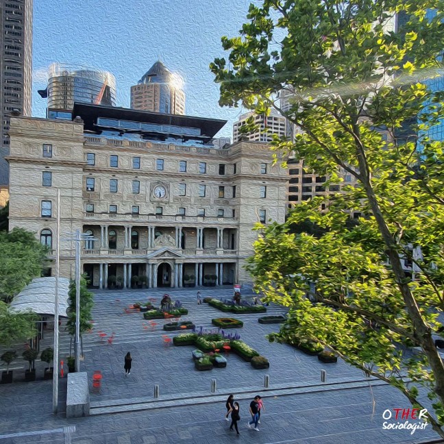 Aerial view of Sydney Customs House, a large Building at Circular Quay, Sydney