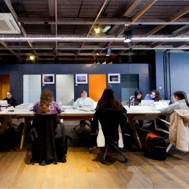 Drawing of a group of women working on laptops in an open plan office