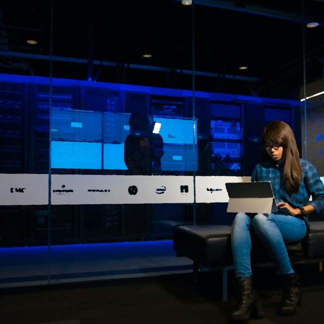 A woman of colour sits in a darkened computer lab, working on her laptop