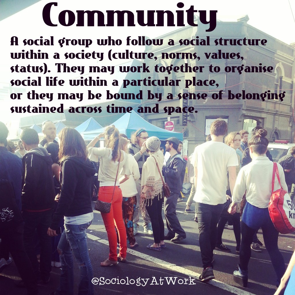 People walking at a festival. Text reads: Community: a social group who follow a social structure within a society (culture, norms, values, status). They may work together to organise social life within a particular place, or they may be bound by a sense of belonging sustained across time and space