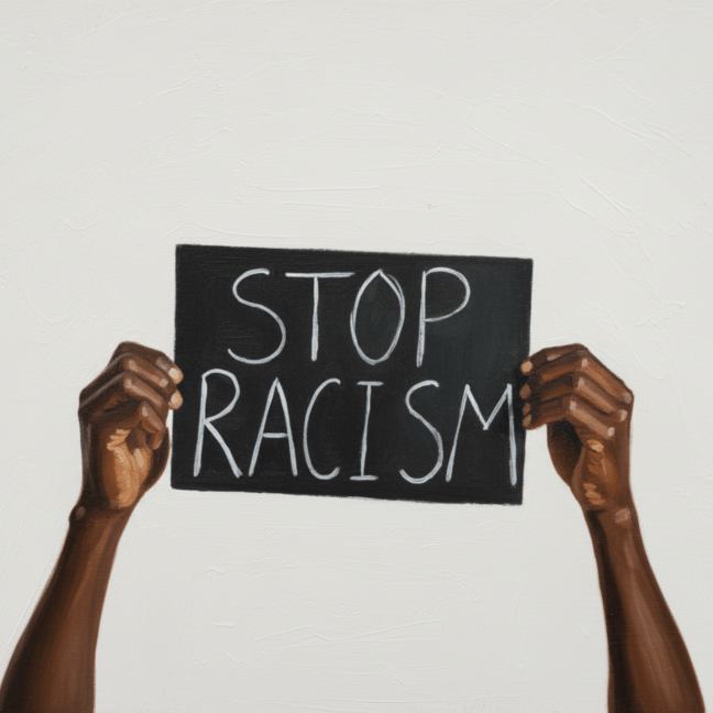 Two hands hold up a sign that says: STOP RACISM