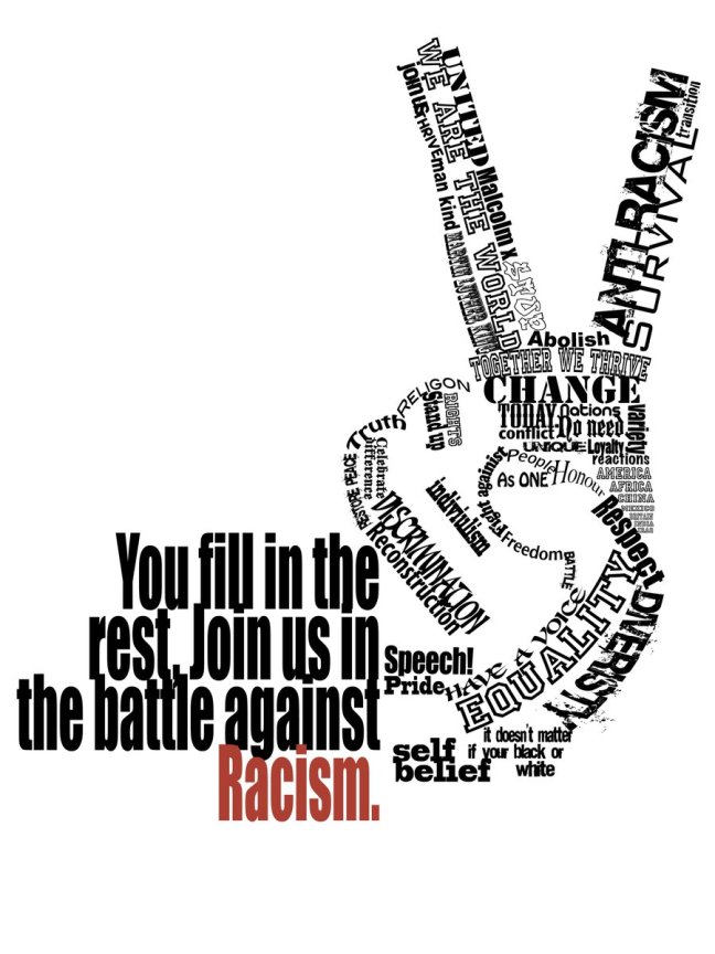 Word cloud art of a hand making a peace sign. Words include equality, antiracism, discrimination. Quote says: You fill in the rest. Join us in the battle against racism