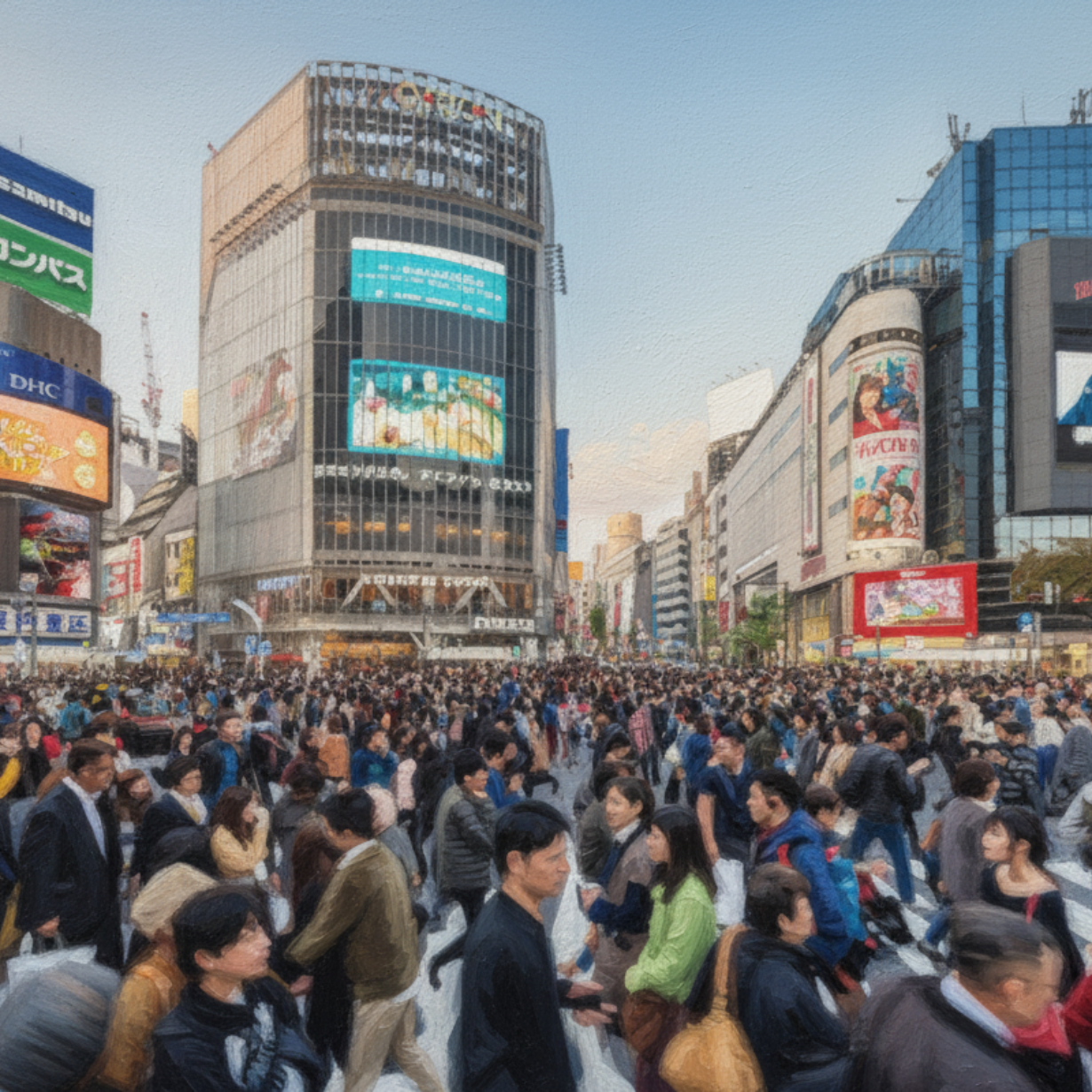 People cross a densely crowded street in a Japanese city