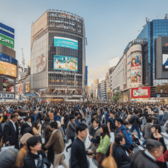 People cross a densely crowded street in a Japanese city