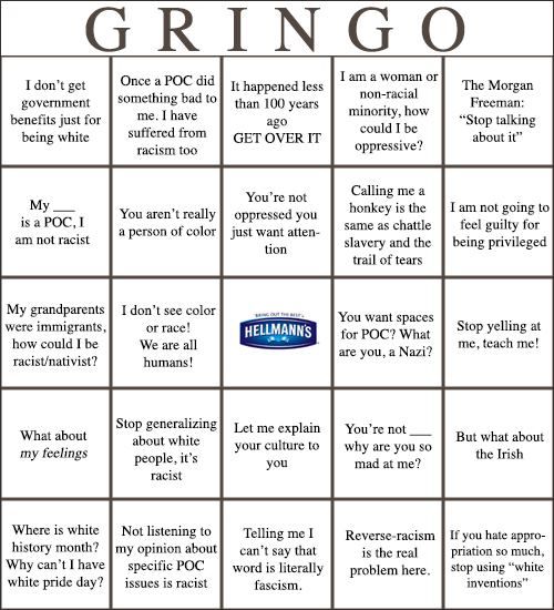 Bingo card, with the tile "gringo." It has several squares, including, "I don't get governmnet benefits just for being white"