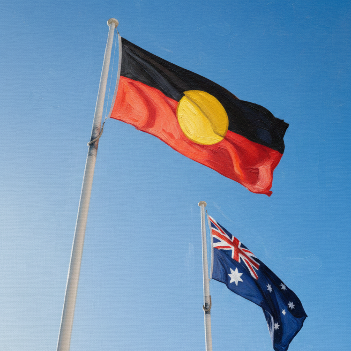 The Aboriginal flag flies in the foreground against a clear blue sky, with the Australian flag in the lower background