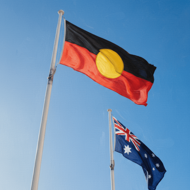The Aboriginal flag flies in the foreground against a clear blue sky, with the Australian flag in the lower background