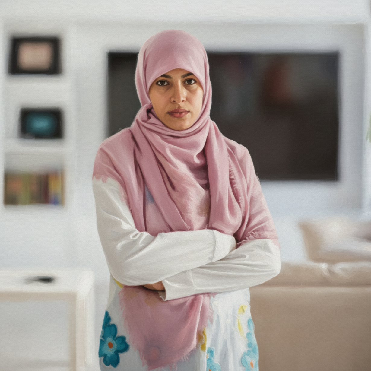 A Middle Eastern woman wearing a pink hijab stands in a room, with her arms crossed
