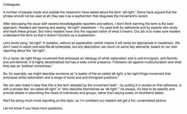 Screenshot of an email explaining how to refer to "alt-right." The email says, in part: "So, for example, we might descirbe someone as 'a leader of th so-called alt-right, a far-right fringe movement that embraces white nationalism and a range of racist and anti-immigrant positions"