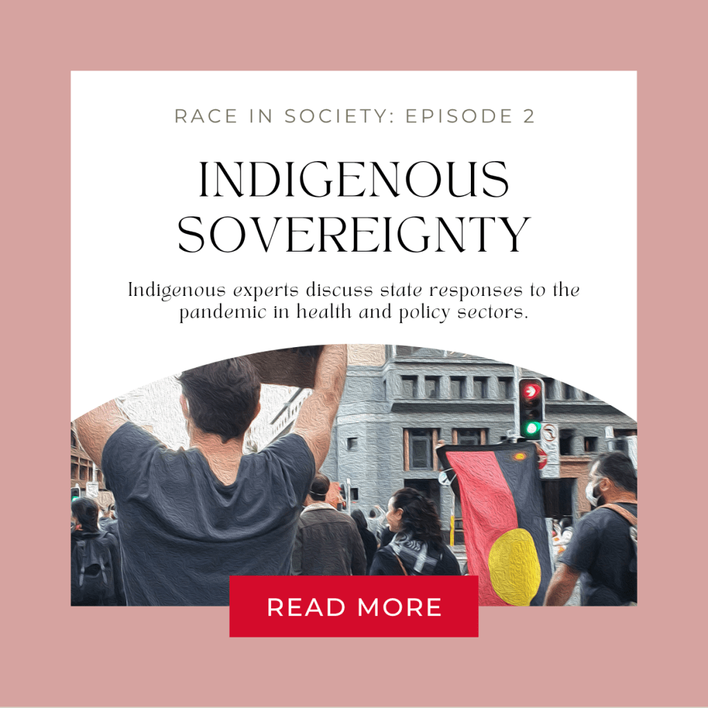 Infographic showing people marching during the Black Lives Matter protest in Sydney. People hold signs and the Aboriginal flag. Title says:I ndigenous sovereignty