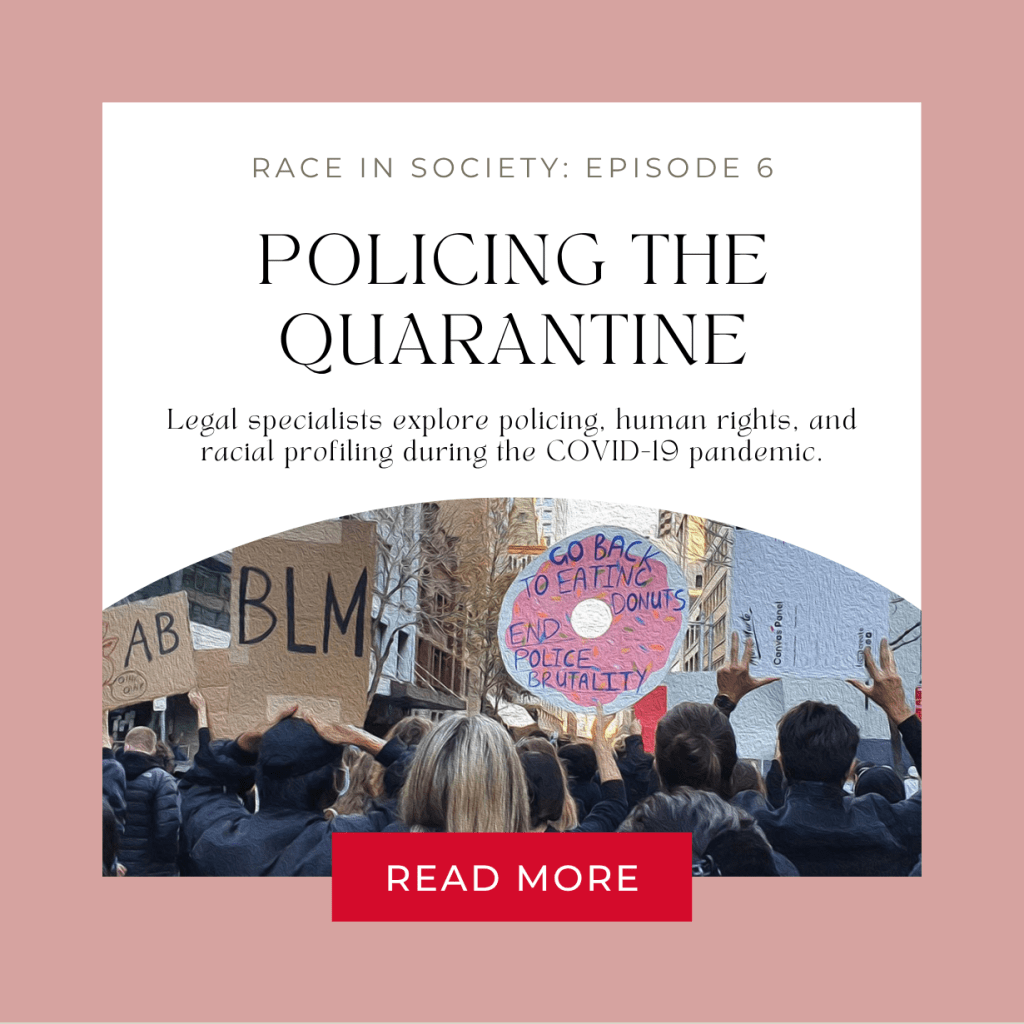 Protesters march in Sydney, holding signs saying "BLM" and "Go back to eating donuts. End police brutality." Title says: Policing the quarantine