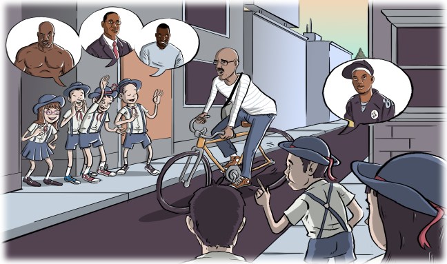 Comic of Japanese children laughing as a young professional Black man rides his bike. They imagine him as many different Black men: a bodybuilder, a man in a suit, a scary man, a young boy in a baseball cap. But he is thin, balding and wears glasses