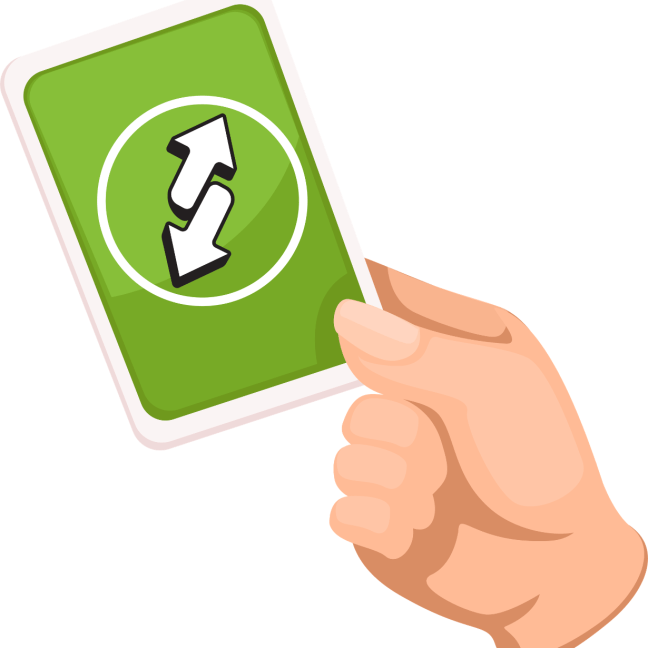 A white hand holds a "reverse Uno" card, which shows two arrows pointing in opposite ends