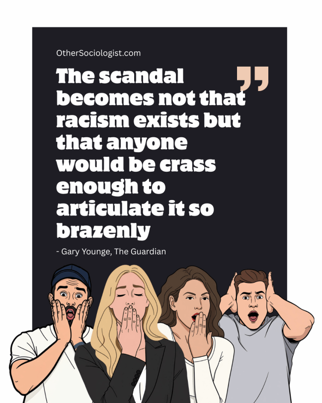 Infographic of four shocked white people, with their hands covering their ears, mouths and faces. Quote says: The scandal becomes not that racism exists but that anyone would be crass enough to articulate it so brazenly - Gary Younge, The Guardian.