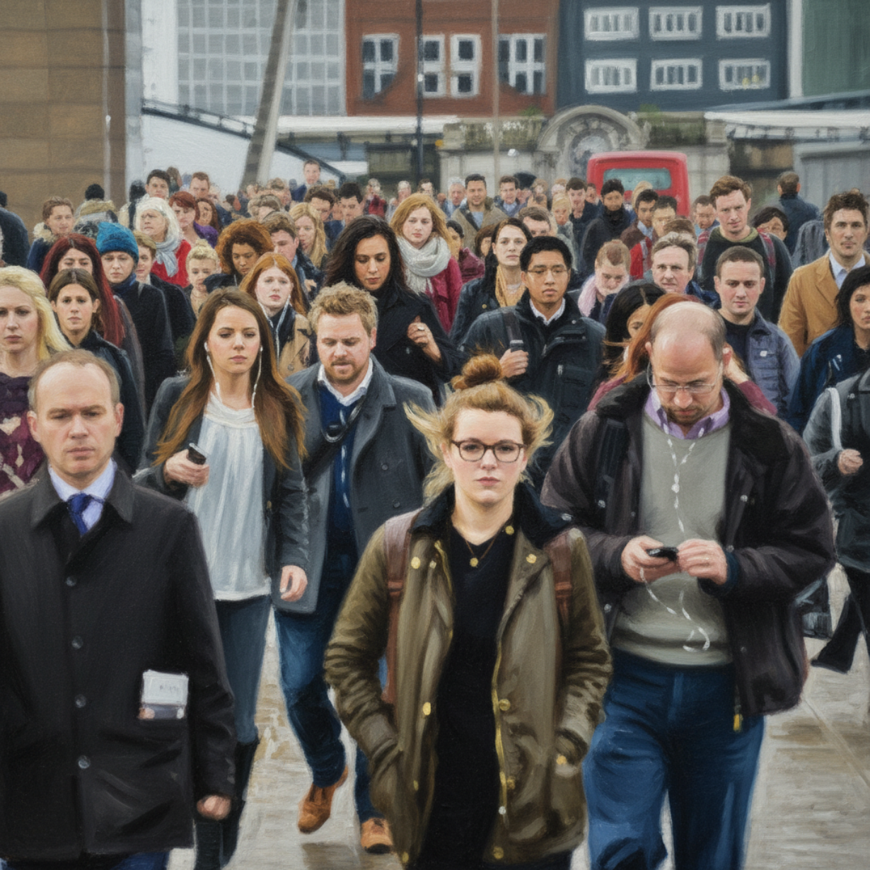 A massive crowd of walking people dressed in coats and scarves