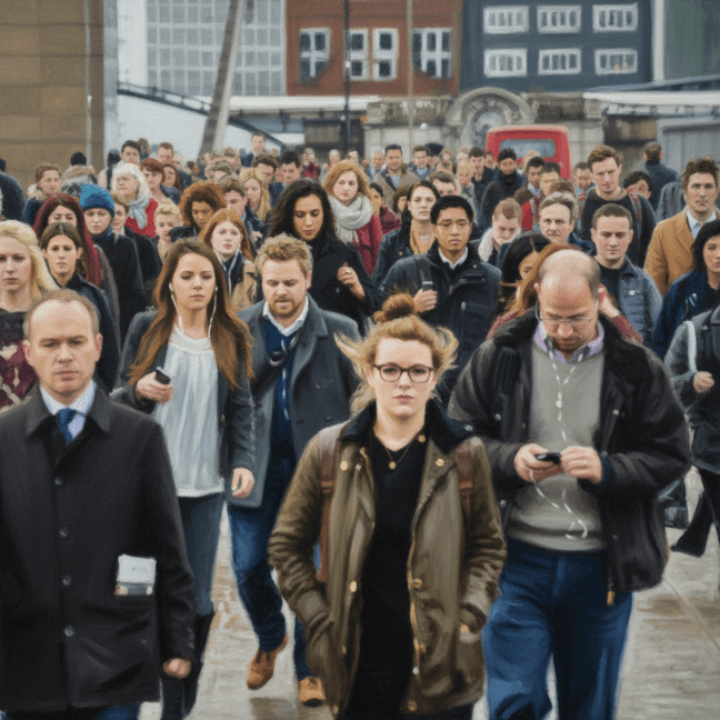 A massive crowd of walking people dressed in coats and scarves