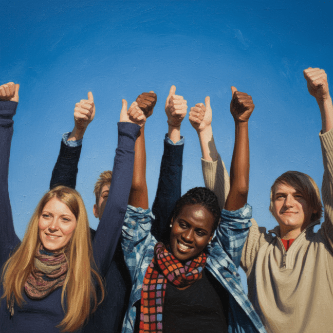 Four young people, Black and white, have their arms high up giving a thumbs-up against a blue sky