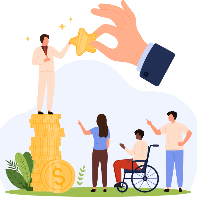 A graphic showing a white man in a white suit standing on top of a stack of gold coins, as a white male hand gives him a star. A white woman, a Black disabled person in a wheelchair, and another white person stand on the ground pointing up