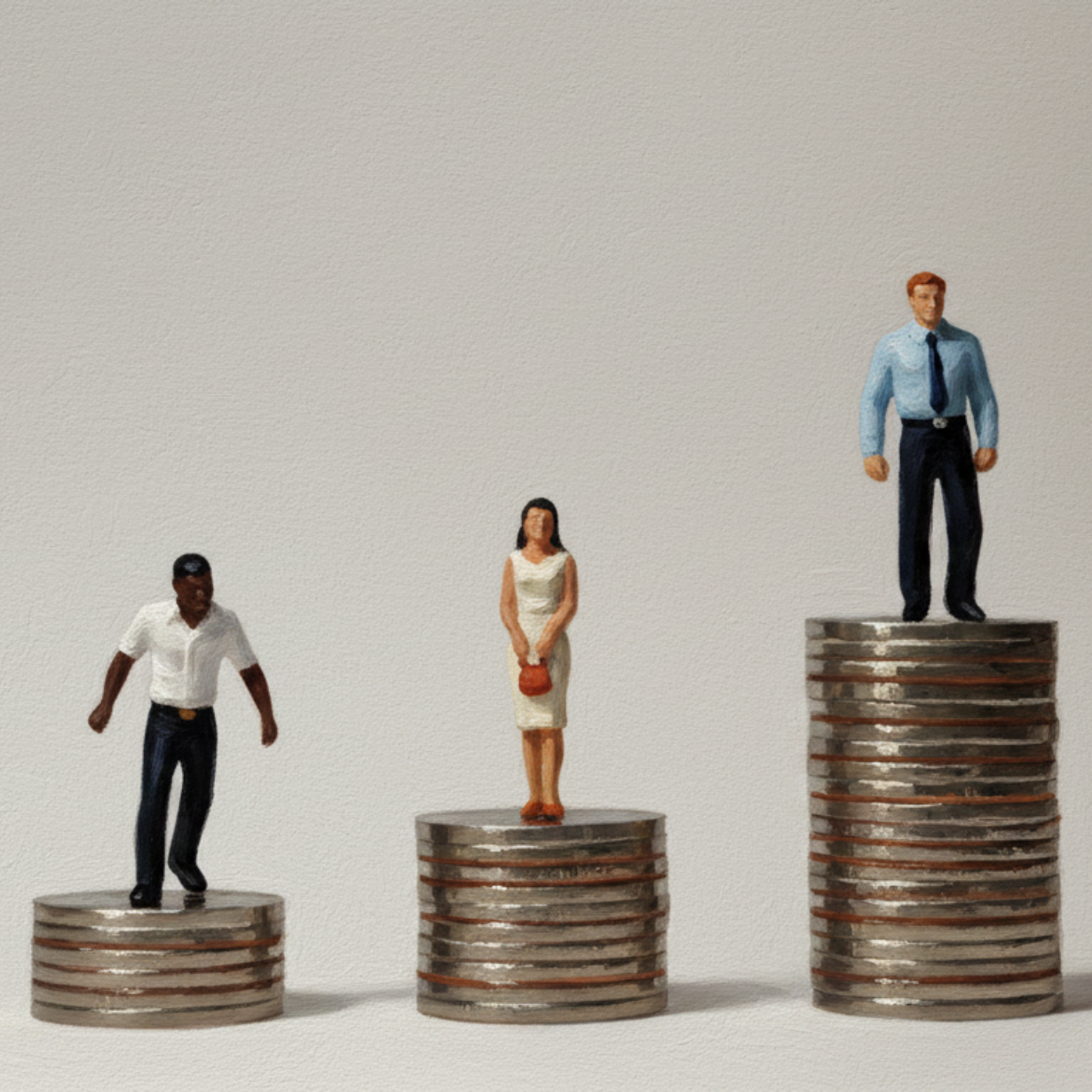 A Black man stands on a low stack of coins. A white man stands slightly higher up, while a white man stands on a stack twice as large