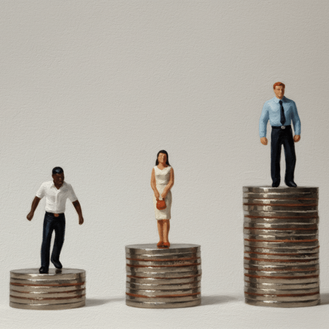 A Black man stands on a low stack of coins. A white man stands slightly higher up, while a white man stands on a stack twice as large