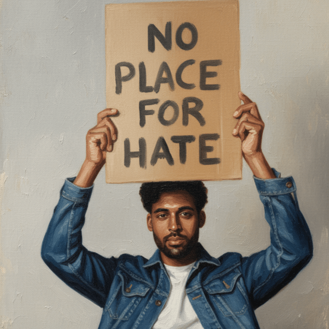 A Black man holds a sign that says: No place for hate