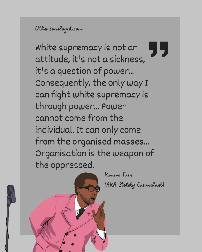 Graphic of Kwame Ture wearing a pink suit leaning forward with a microphone to the side. He has a short Afro and wears glasses. Quote says: White supremacy is not an attitude, it's not a sickness, it's a question of power...