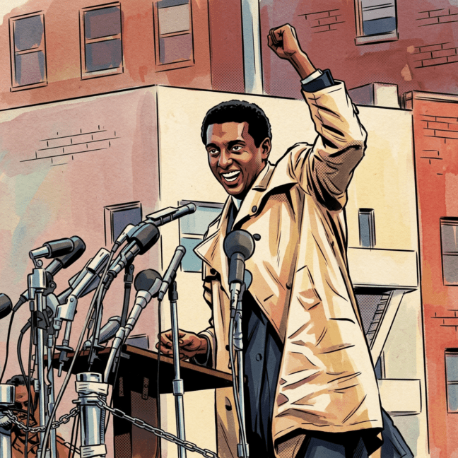 Kwame Ture (AKA Stokely Carmichael) is a young Black man speaking at a podium with many microphones. He has a short Afro and wears a trenchcoat. He has his fist in the air in the Black power sign
