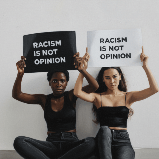 A Black and Asian woman sit on the ground, each holding signs saying: Racism is not opinion
