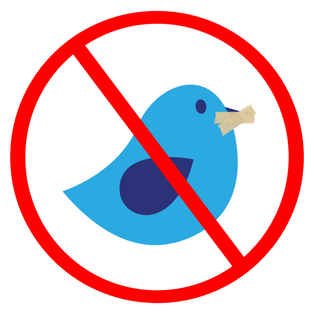 Illustration of a blue bird in profile. Its mouth is covered by tape, and it is behind a circle with a bar meaning "banned"