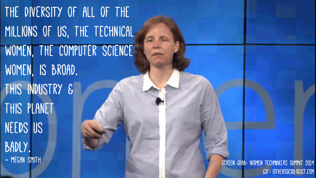 Megain Smith is a white woman wearing a light grey shirt. She gestures with her hand and smiles. She is wearing a lapel microphone and stands in front of a bright blue screen. Quote about diversity on the left hand side