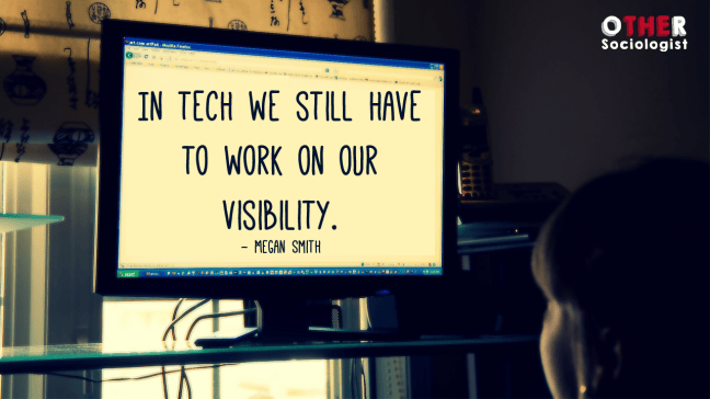 A young girl looks up at a monitor in a darkened room. Screen has a quote from Megain Smith on visibility